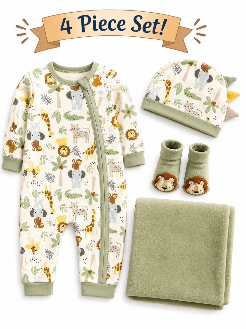 NWT Baby Essentials 4 Piece Baby Boy Gift Set Newborn Safari Outfit Blanket Hat